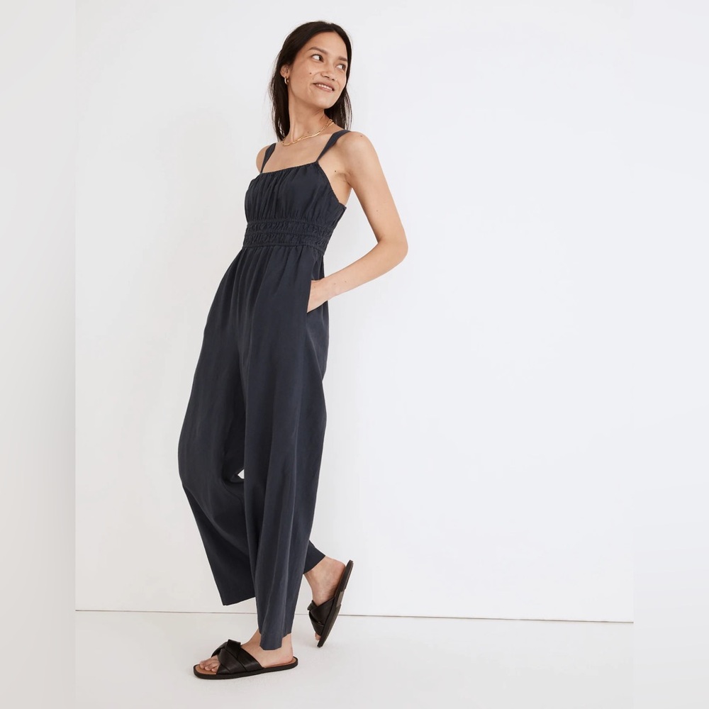 Madewell Navy Wide-Leg Smocked Jumpsuit